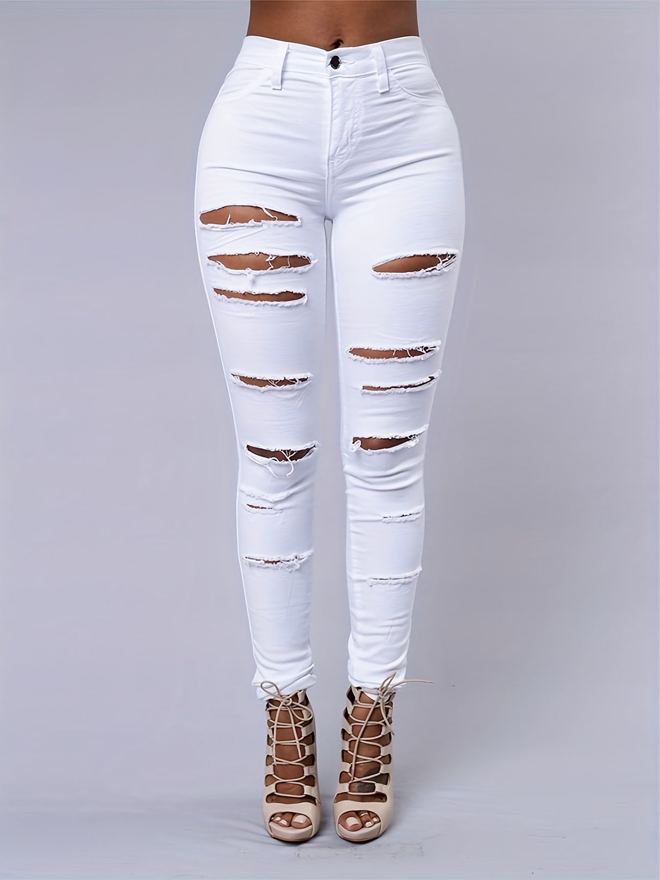 White Ripped Holes Straigh Jeans, Slash Pockets Distressed Non-Stretch Denim Pants, Women's Denim Jeans & Clothing