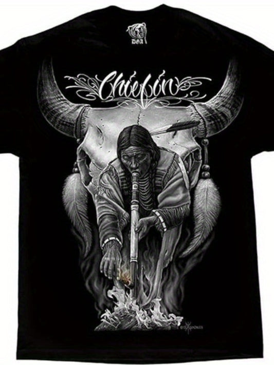 [Plus Size Graphic Tee] Black Plus Size T-Shirt with Stunning Bull Skull and Native American Inspired Graphic - 'Chieftain' Cursive Design, Detailed with Feathered Adornments, Artistic Monochrome Aesthetic, Eye-Catching Back
