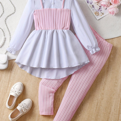 2pcs Solid Color Elegant Long-Sleeve Blouse Top + Comfy Slim Pants Set - Stylish & Casual Outfit for Girls Spring Fall Outdoor Gift