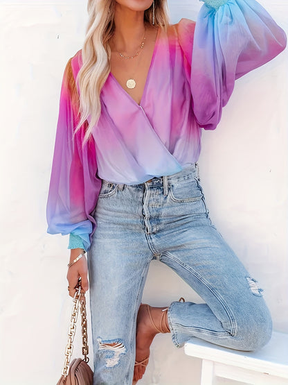 Gradient Color V-neck Loose Blouse, Versatile Lantern Sleeve Blouse For Spring & Fall, Women's Clothing