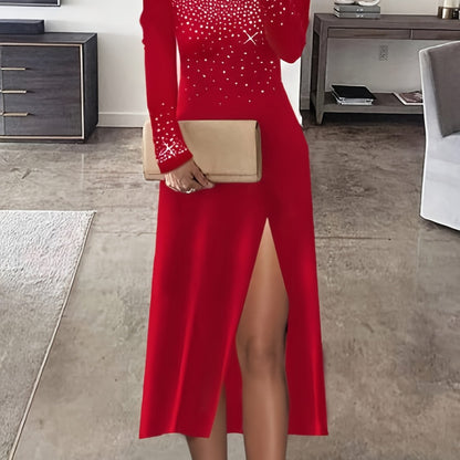 [Elegant Rhinestone Dress] Rhinestone Cold Shoulder Dress, Elegant Long Sleeve Split Dress, Women's Clothing