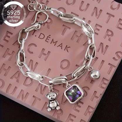 925 Silver Fashion Retro Bear Square Synthetic Zirconia Bracelet for Women- Perfect Jewelry for Daily Wear, Gifts, Music Festivals, Proposals& Back-to-School Season- The Ultimate Luxury Gift for Best Friends, Jewelry for Wome