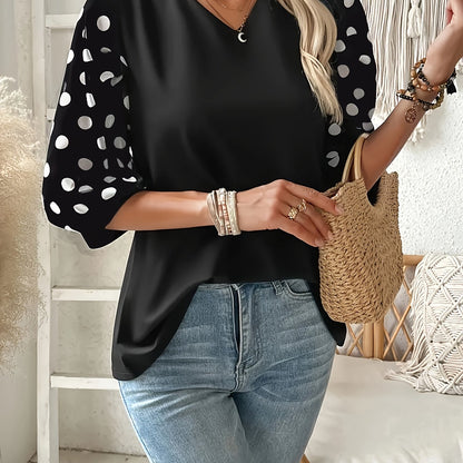 [Elegant Blouse] Lightweight Breathable Plus Size Women's Elegant V-Neck Blouse | Black & White Polka Dot Contrast Sleeve Top, Machine Washable Spring Summer Casual & Formal Shirt