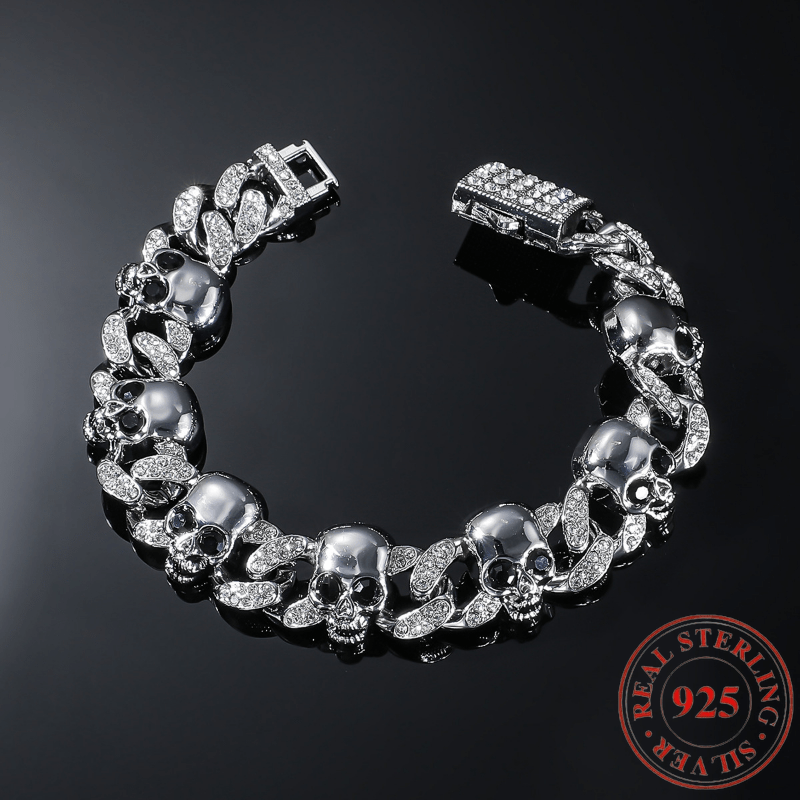 1pc 925 Silver Punk-Style Skull Bracelet | Gothic Jewelry, Avant-Garde Universal Design, Halloween Accessory, Creative Skull Pattern, Durable, Suitable for Party and Banquet Occasions