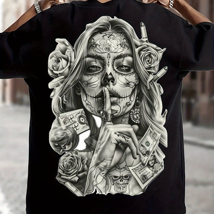 Sugar Skull Graphic Tee - Black 100% Cotton T-Shirt Featuring Monochromatic Design of a Woman with Day of the Dead Makeup and Floral Elements, Urban Style for Casual Wear - Ideal Gift for Halloween, Cultural Celebrations, or