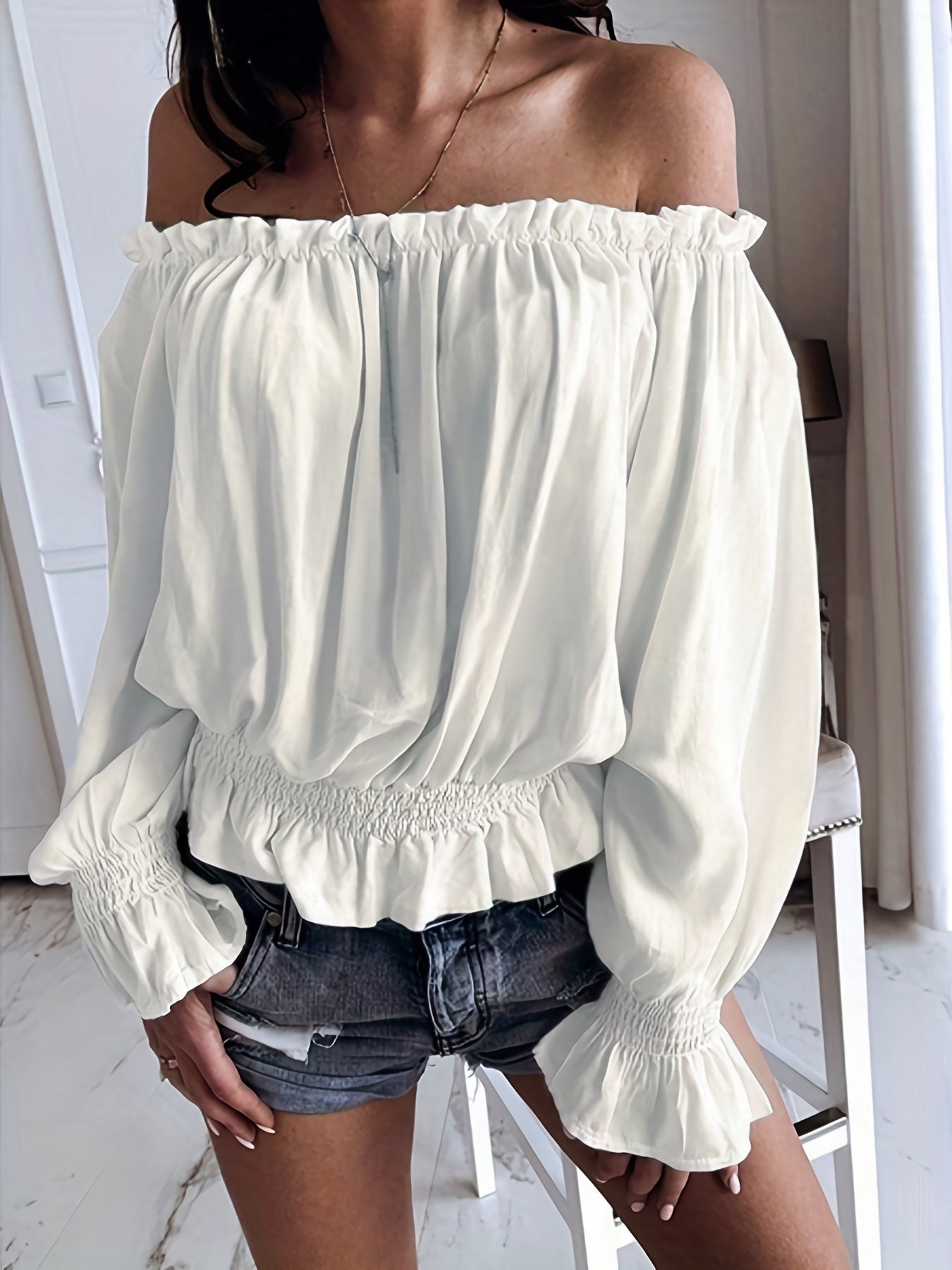 Chic Off Shoulder Ruffle Trim Blouse - Soft Micro Elastic Polyester Fabric, Shirred Details, Solid Color, Casual Long Sleeve Top for Women - Perfect for Spring, Fall, and Summer