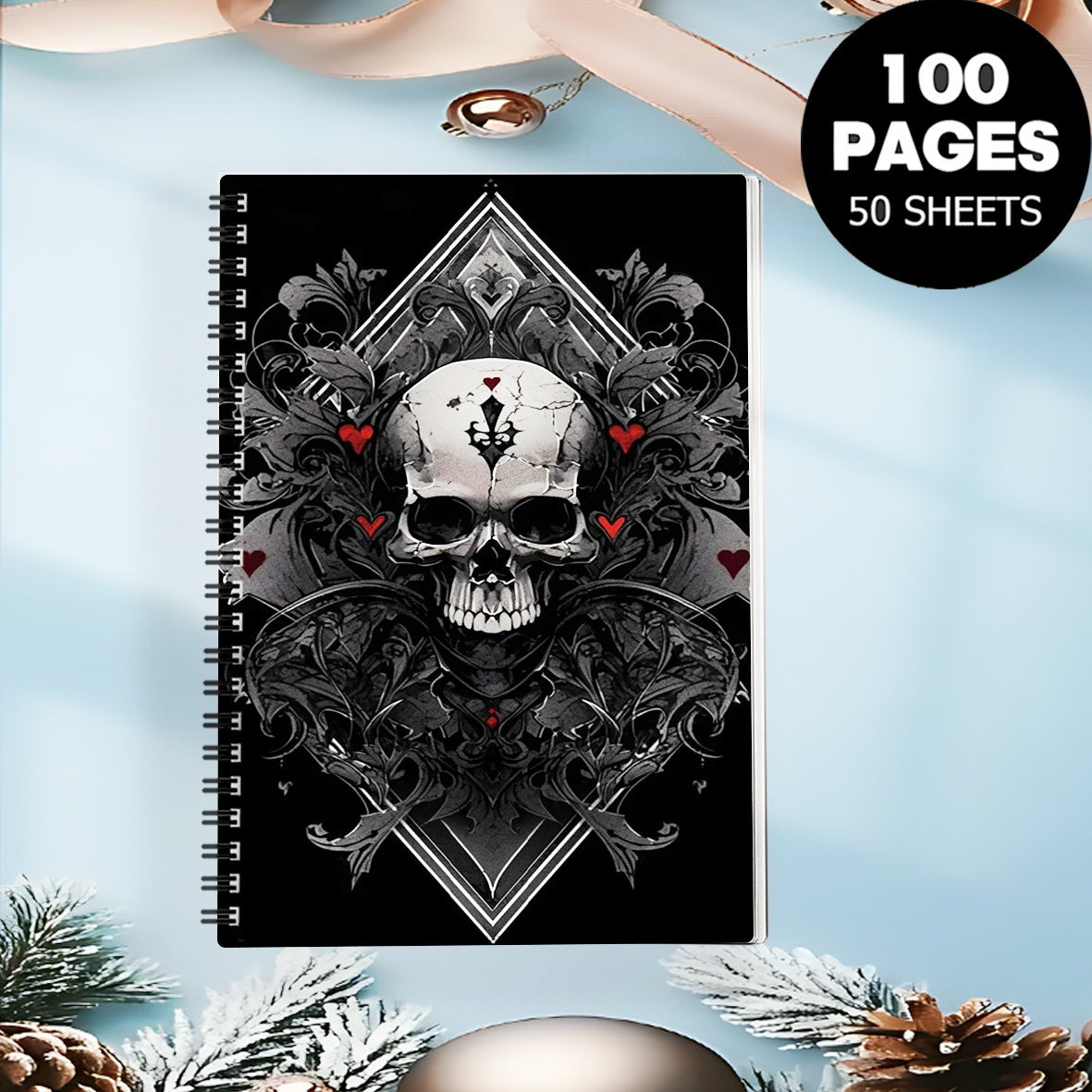 Gothic Skull Spiral Notebook with Red Heart & Ornate Gothic Symbols - Dark Aesthetic Hard Cover Journal, Perforated Pages & Horizontal Ruled Paper for Art, Gothic Diary, Sketchbook - Ideal for, s, Dark Theme Lovers
