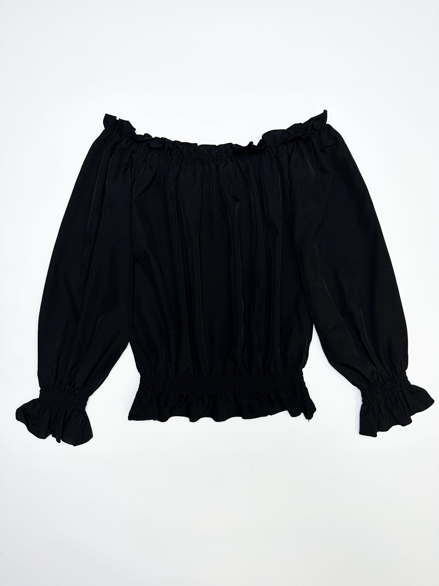 Chic Off Shoulder Ruffle Trim Blouse - Soft Micro Elastic Polyester Fabric, Shirred Details, Solid Color, Casual Long Sleeve Top for Women - Perfect for Spring, Fall, and Summer