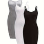 [3 Pack Plus Size Cami Dress] 3 Pack Plus Size Basic Dress Set, Women's Plus Solid Round Neck Medium Stretch Slim Fit Cami Dress Three Piece Set