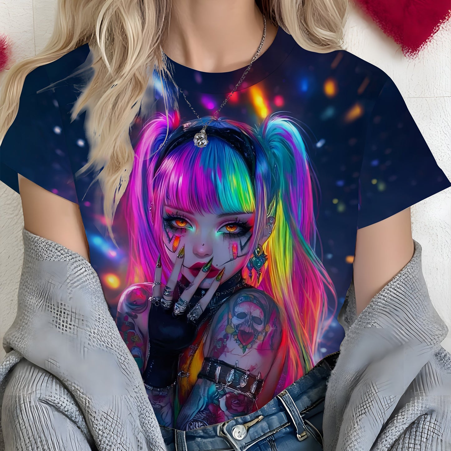 One Piece Round Neck Women'S Short Sleeved Printed T-Shirt | Full Neon Cyber Illustration, Contrasting Hairstyles, Eye-Catching, Avant-Garde Style, Trendy and Cool Attitude, Comfortable Fabric, Suitable for Spring, Summer, Au