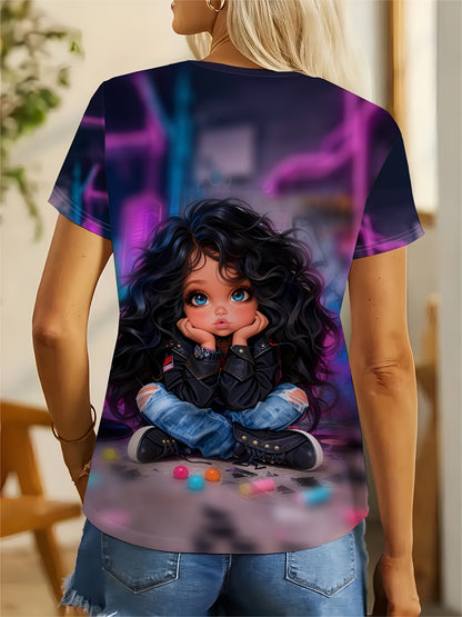 Women's Neon Cyberpunk T-Shirt - Anime Manga Style with Kawaii Chibi Character & Text - Soft Beige-Friendly Fabric Short Sleeve Round Neck Tee for, Casual Wear & Pop Culture Fans