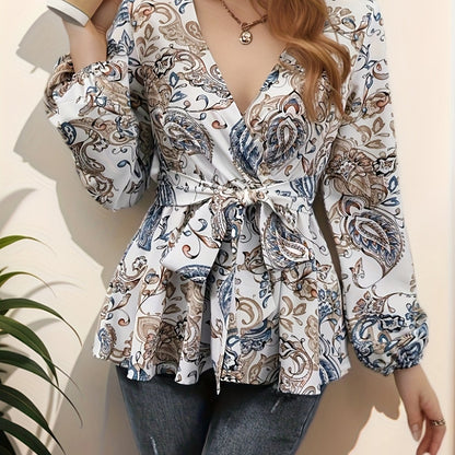 Floral Print Surplice Neck Blouse, Elegant Tie Waist Lantern Sleeve Blouse For Spring & Fall, Women's Clothing