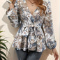 Floral Print Surplice Neck Blouse, Elegant Tie Waist Lantern Sleeve Blouse For Spring & Fall, Women's Clothing