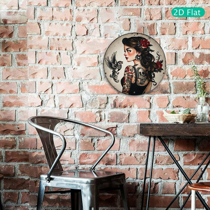 2D Flat, 1pc  Style Tattoo Metal Wall Art Sign - 8x8 Inch Round Aluminum Decoration, Featuring Bold Female and Skull Designs, Red Roses and Birds - Easy to Hang, Durable and Unique - Perfect for Bars, Courtyards, Offices, and