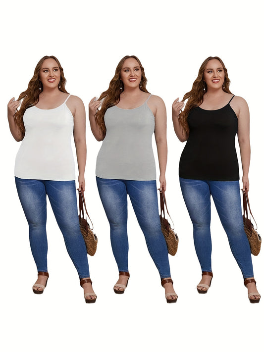 3 Pack Plus Size Basic Cami Top Set, Women's Plus Plain Round Neck Medium Stretch 3pcs Cami Top Set