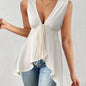 Chic V-Neck Blouse - Exuding Elegant Sophistication with Chic Tie Front Detail, Unique Irregular Hem Design, and Comfortable Sleeveless Style - Perfect for Warm Weather (Spring & Summer) Womens Clothing