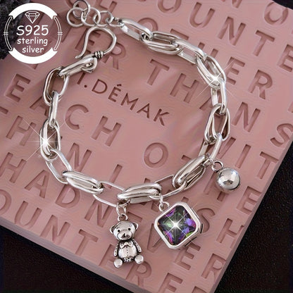 925 Silver Fashion Retro Bear Square Synthetic Zirconia Bracelet for Women- Perfect Jewelry for Daily Wear, Gifts, Music Festivals, Proposals& Back-to-School Season- The Ultimate Luxury Gift for Best Friends, Jewelry for Wome