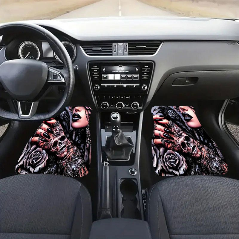 Set of Four Car Floor Mats Featuring a Skull Rose Design, Made from Crystal Velvet with Anti-Slip Properties. This Universal Set Enhances Your Vehicle'S Interior, Effectively Gathers Hair, Maintains Cleanliness, Is Easy to Cl