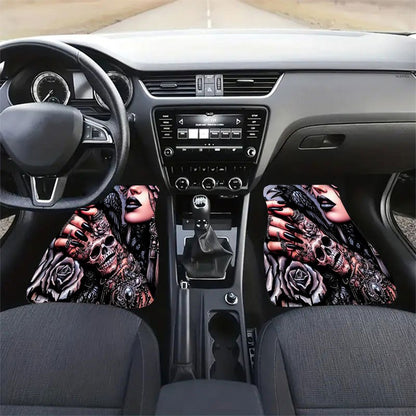 Set of Four Car Floor Mats Featuring a Skull Rose Design, Made from Crystal Velvet with Anti-Slip Properties. This Universal Set Enhances Your Vehicle'S Interior, Effectively Gathers Hair, Maintains Cleanliness, Is Easy to Cl