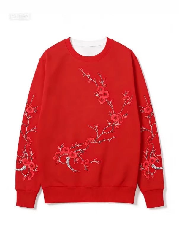 Black-base Red Plum Blossom Branch Print Loose-fitting Crewneck Sweatshirt