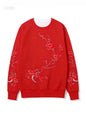 Black-base Red Plum Blossom Branch Print Loose-fitting Crewneck Sweatshirt