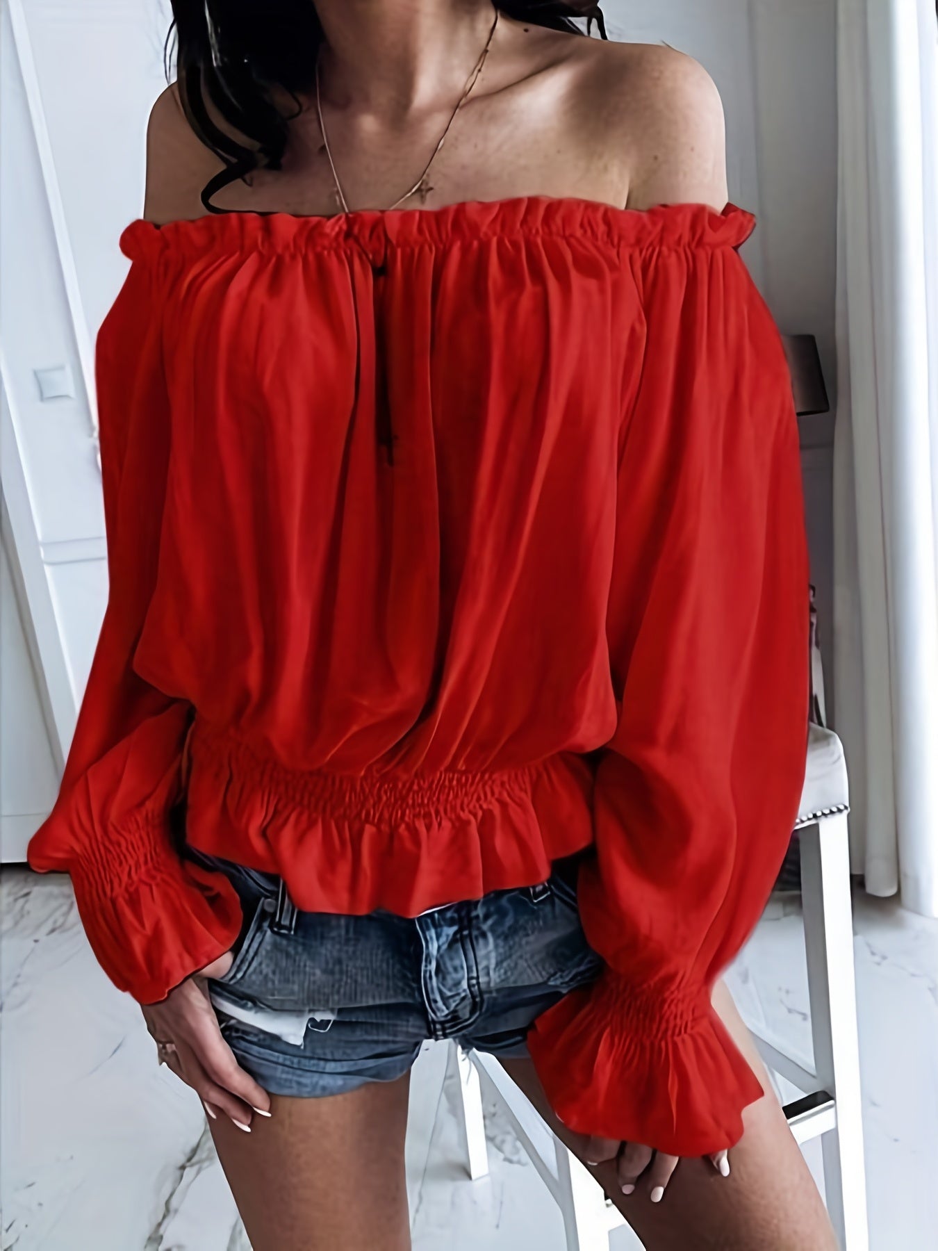Chic Off Shoulder Ruffle Trim Blouse - Soft Micro Elastic Polyester Fabric, Shirred Details, Solid Color, Casual Long Sleeve Top for Women - Perfect for Spring, Fall, and Summer