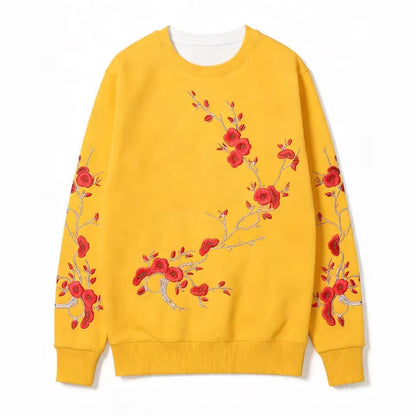 Black-base Red Plum Blossom Branch Print Loose-fitting Crewneck Sweatshirt