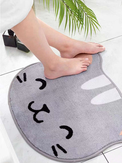 1Pc Grey Cat Cute Rug, Bathroom Non-Slip Floor Mat, Cartoon Washable Doormat for Bedroom/Living Room