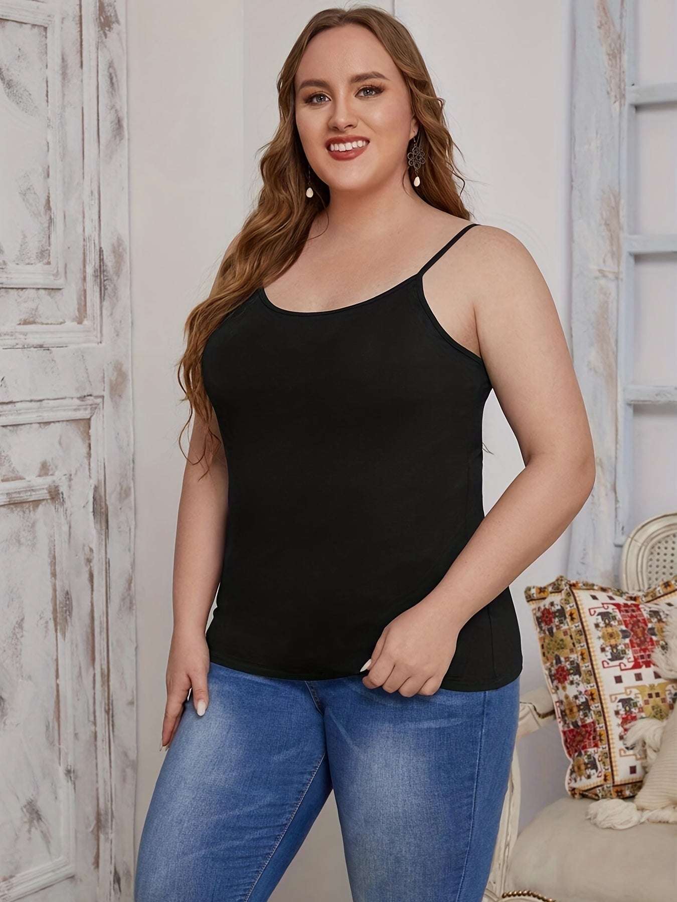3 Pack Plus Size Basic Cami Top Set, Women's Plus Plain Round Neck Medium Stretch 3pcs Cami Top Set