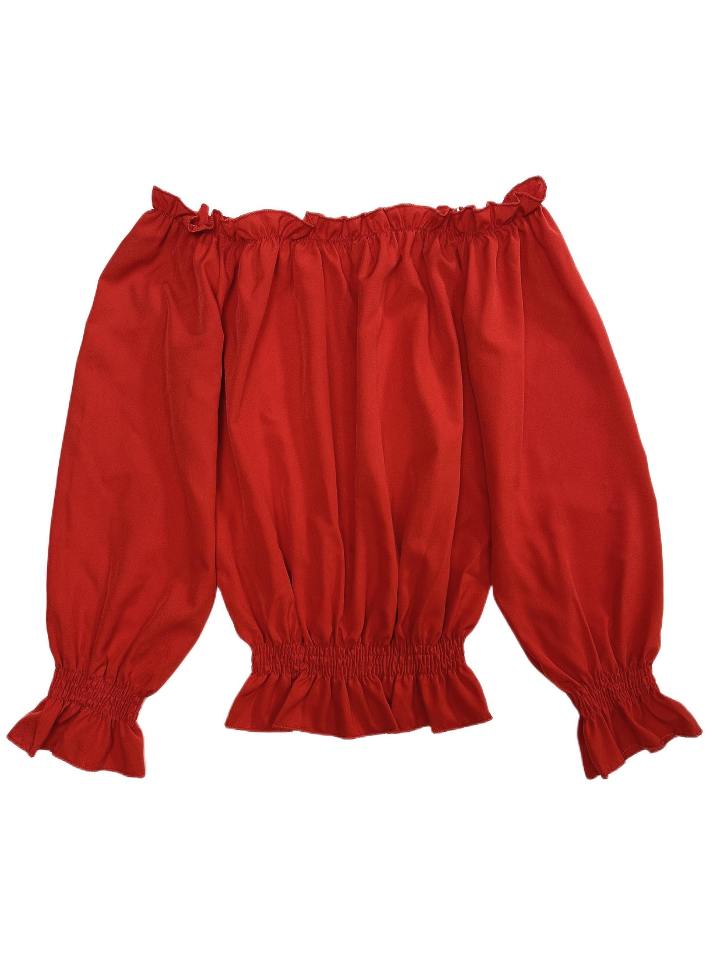 Chic Off Shoulder Ruffle Trim Blouse - Soft Micro Elastic Polyester Fabric, Shirred Details, Solid Color, Casual Long Sleeve Top for Women - Perfect for Spring, Fall, and Summer