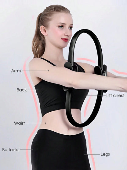 15Inch Eva Pilates Ring for Inner Thigh Exercise, Fitness, & Pelvic Muscle Training with Dual Cushioned Handles & Anti-Burst Strap (1Pc, Black)