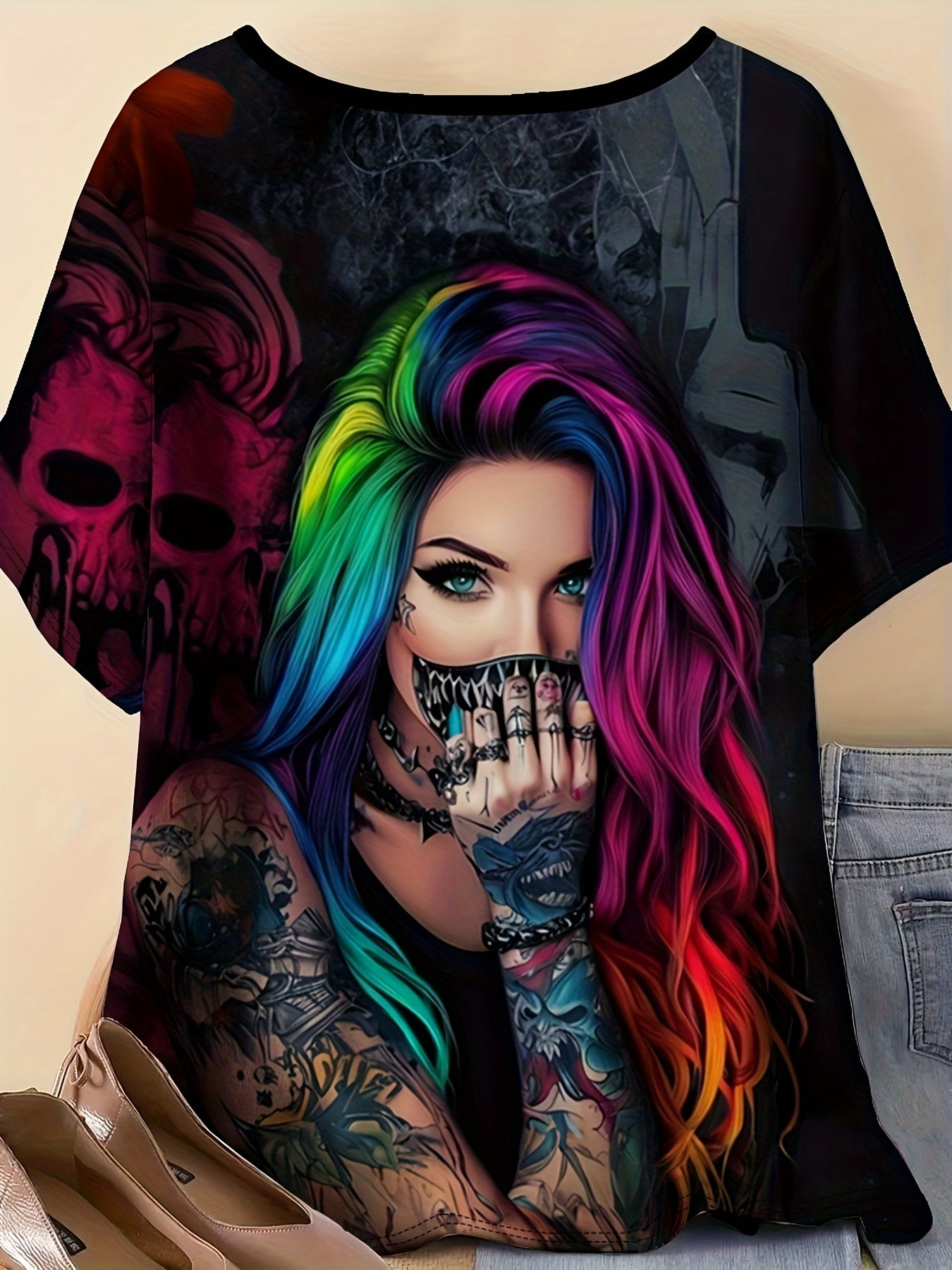 0XL-9XL Women's Plus Size Rainbow Punk Tattoo T-Shirt- Edgy Rebellious Full-Body Digital Print, Round Neck Short Sleeve Top Suitable for Concerts, Festivals& Casual Wear- Machine Washable Punk Aesthetic T-Shirt(Tattooed with
