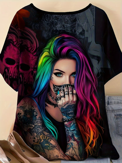 0XL-9XL Women's Plus Size Rainbow Punk Tattoo T-Shirt- Edgy Rebellious Full-Body Digital Print, Round Neck Short Sleeve Top Suitable for Concerts, Festivals& Casual Wear- Machine Washable Punk Aesthetic T-Shirt(Tattooed with
