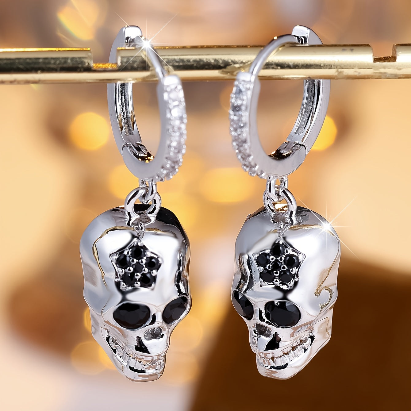 Gothic Chic Skull Dangle Earrings - Hypoallergenic Nickel-Free Copper, Sparkling Cubic Synthetic Zirconia Accents, Perfect for Halloween Parties, Casual Daily Wear, and Goth Fashion Enthusiasts