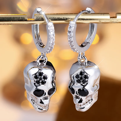 Gothic Chic Skull Dangle Earrings - Hypoallergenic Nickel-Free Copper, Sparkling Cubic Synthetic Zirconia Accents, Perfect for Halloween Parties, Casual Daily Wear, and Goth Fashion Enthusiasts