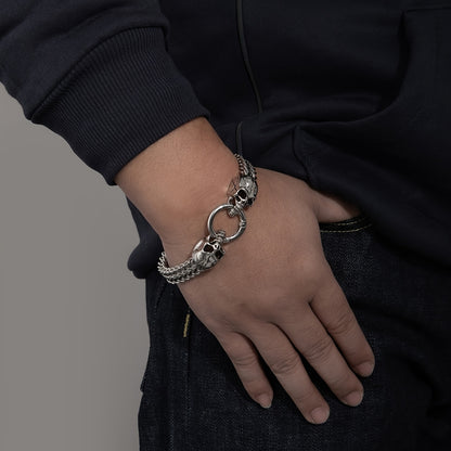 304 Stainless Steel Nordic Double Skull Cuban Chain Bracelet - Retro Punk Hip Hop Rock Jewelry for Men, Durable Polished Finish, Versatile for Daily Wear & Parties, Perfect Gift for Valentine's Day, Father's Day, Graduation,