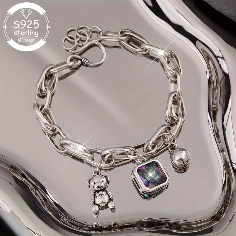 925 Silver Fashion Retro Bear Square Synthetic Zirconia Bracelet for Women- Perfect Jewelry for Daily Wear, Gifts, Music Festivals, Proposals& Back-to-School Season- The Ultimate Luxury Gift for Best Friends, Jewelry for Wome