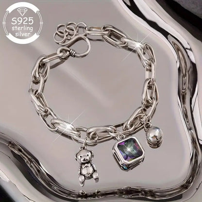 925 Silver Fashion Retro Bear Square Synthetic Zirconia Bracelet for Women- Perfect Jewelry for Daily Wear, Gifts, Music Festivals, Proposals& Back-to-School Season- The Ultimate Luxury Gift for Best Friends, Jewelry for Wome