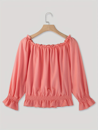 Chic Off Shoulder Ruffle Trim Blouse - Soft Micro Elastic Polyester Fabric, Shirred Details, Solid Color, Casual Long Sleeve Top for Women - Perfect for Spring, Fall, and Summer