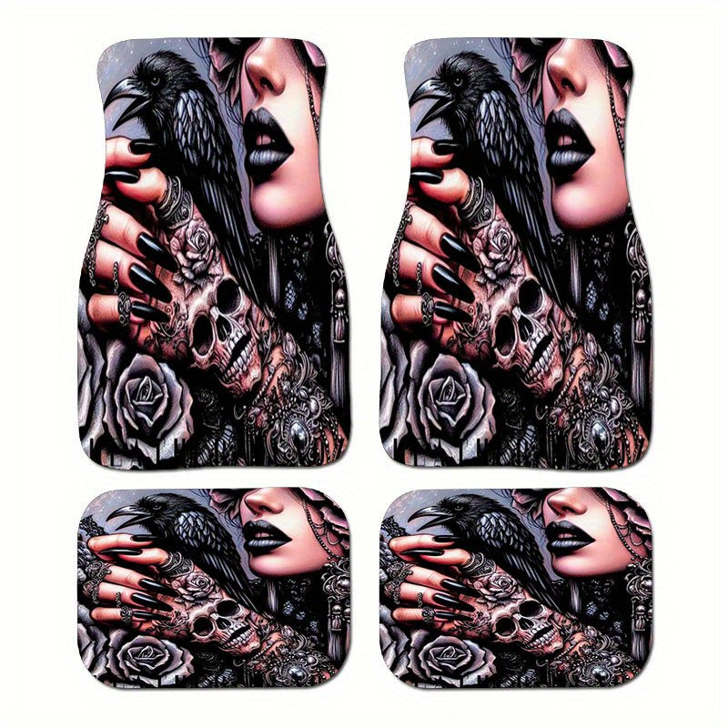 Set of Four Car Floor Mats Featuring a Skull Rose Design, Made from Crystal Velvet with Anti-Slip Properties. This Universal Set Enhances Your Vehicle'S Interior, Effectively Gathers Hair, Maintains Cleanliness, Is Easy to Cl
