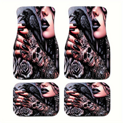 Set of Four Car Floor Mats Featuring a Skull Rose Design, Made from Crystal Velvet with Anti-Slip Properties. This Universal Set Enhances Your Vehicle'S Interior, Effectively Gathers Hair, Maintains Cleanliness, Is Easy to Cl