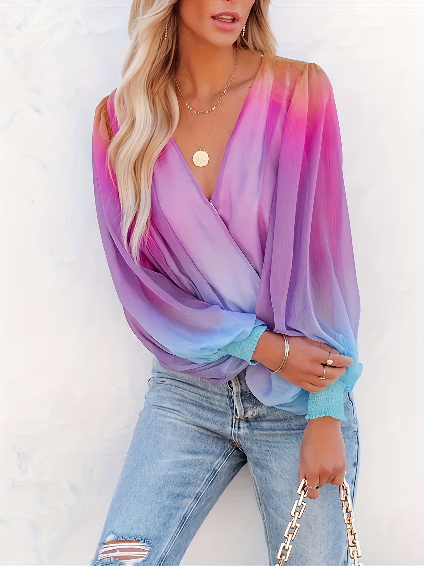 Gradient Color V-neck Loose Blouse, Versatile Lantern Sleeve Blouse For Spring & Fall, Women's Clothing