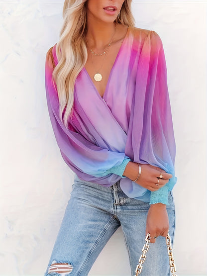 Gradient Color V-neck Loose Blouse, Versatile Lantern Sleeve Blouse For Spring & Fall, Women's Clothing