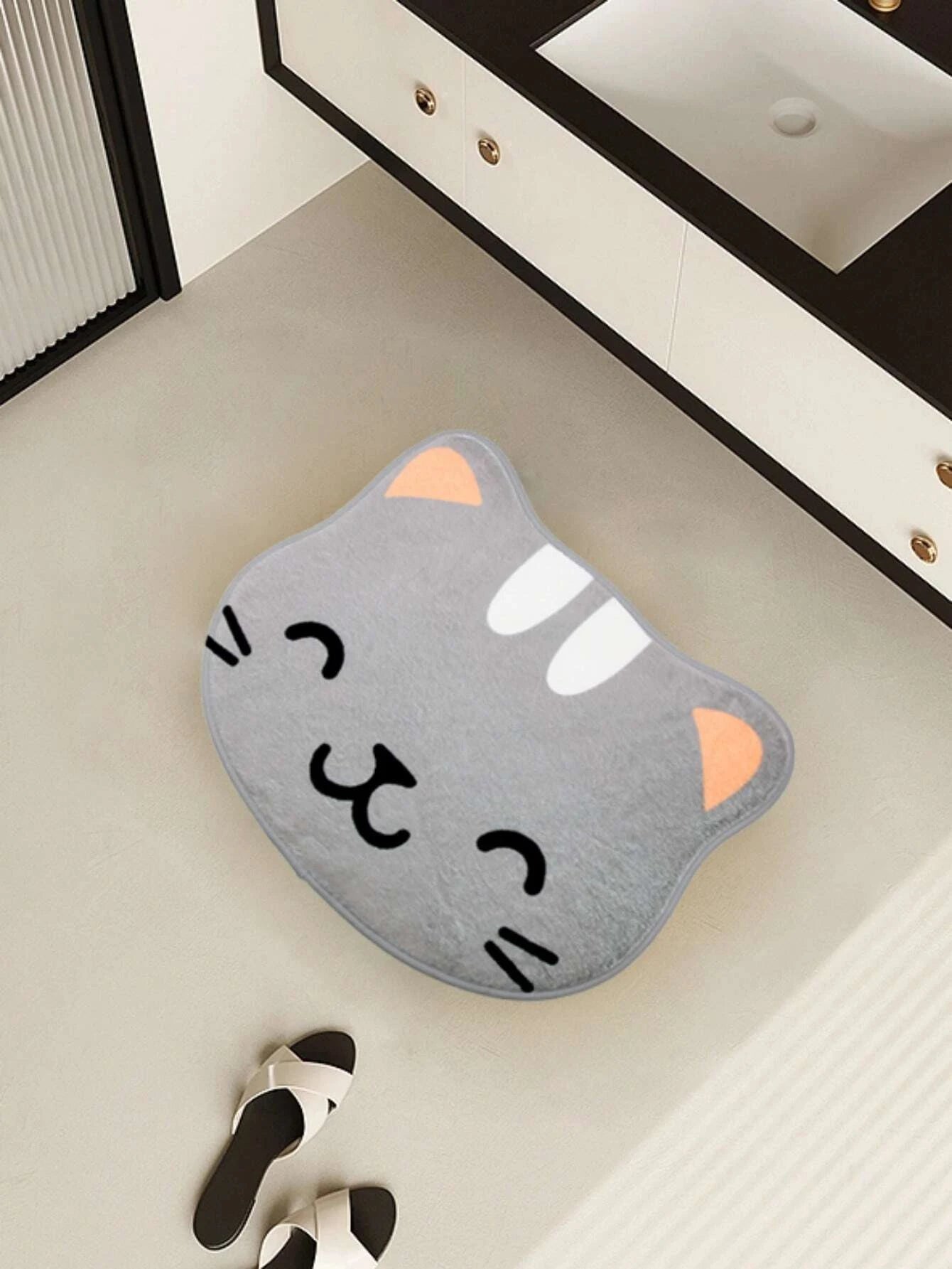 1Pc Grey Cat Cute Rug, Bathroom Non-Slip Floor Mat, Cartoon Washable Doormat for Bedroom/Living Room