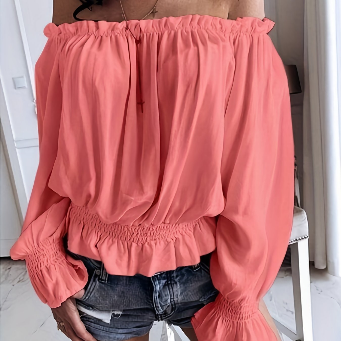 Chic Off Shoulder Ruffle Trim Blouse - Soft Micro Elastic Polyester Fabric, Shirred Details, Solid Color, Casual Long Sleeve Top for Women - Perfect for Spring, Fall, and Summer