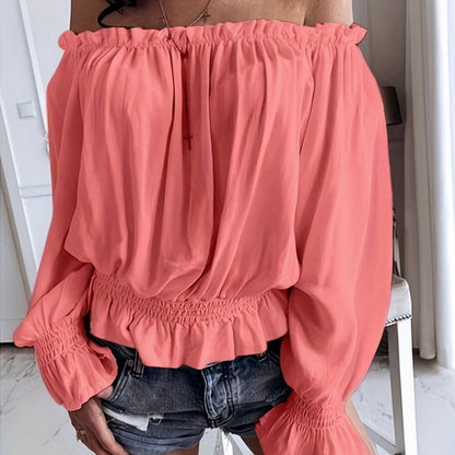 Chic Off Shoulder Ruffle Trim Blouse - Soft Micro Elastic Polyester Fabric, Shirred Details, Solid Color, Casual Long Sleeve Top for Women - Perfect for Spring, Fall, and Summer