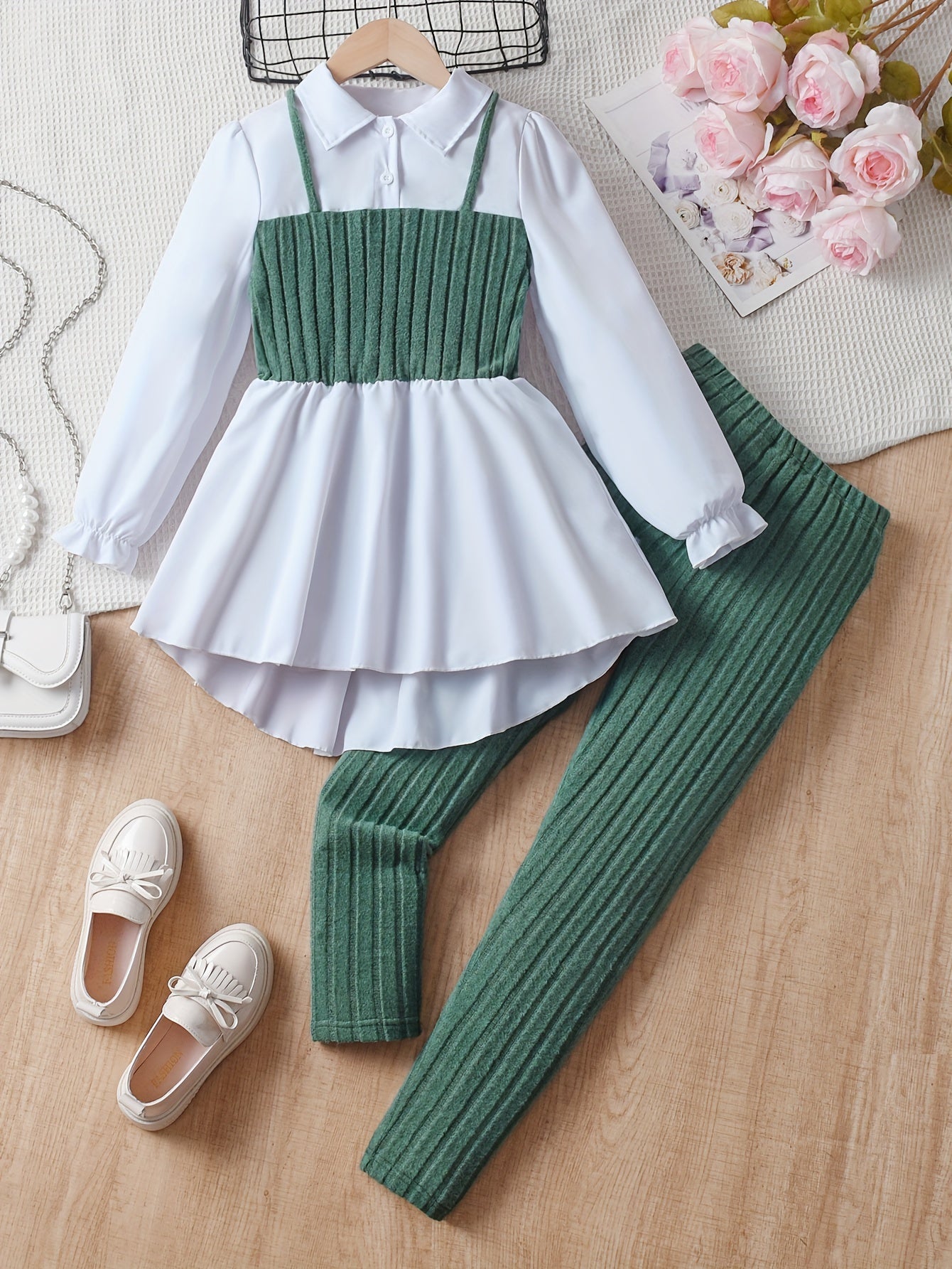 2pcs Solid Color Elegant Long-Sleeve Blouse Top + Comfy Slim Pants Set - Stylish & Casual Outfit for Girls Spring Fall Outdoor Gift