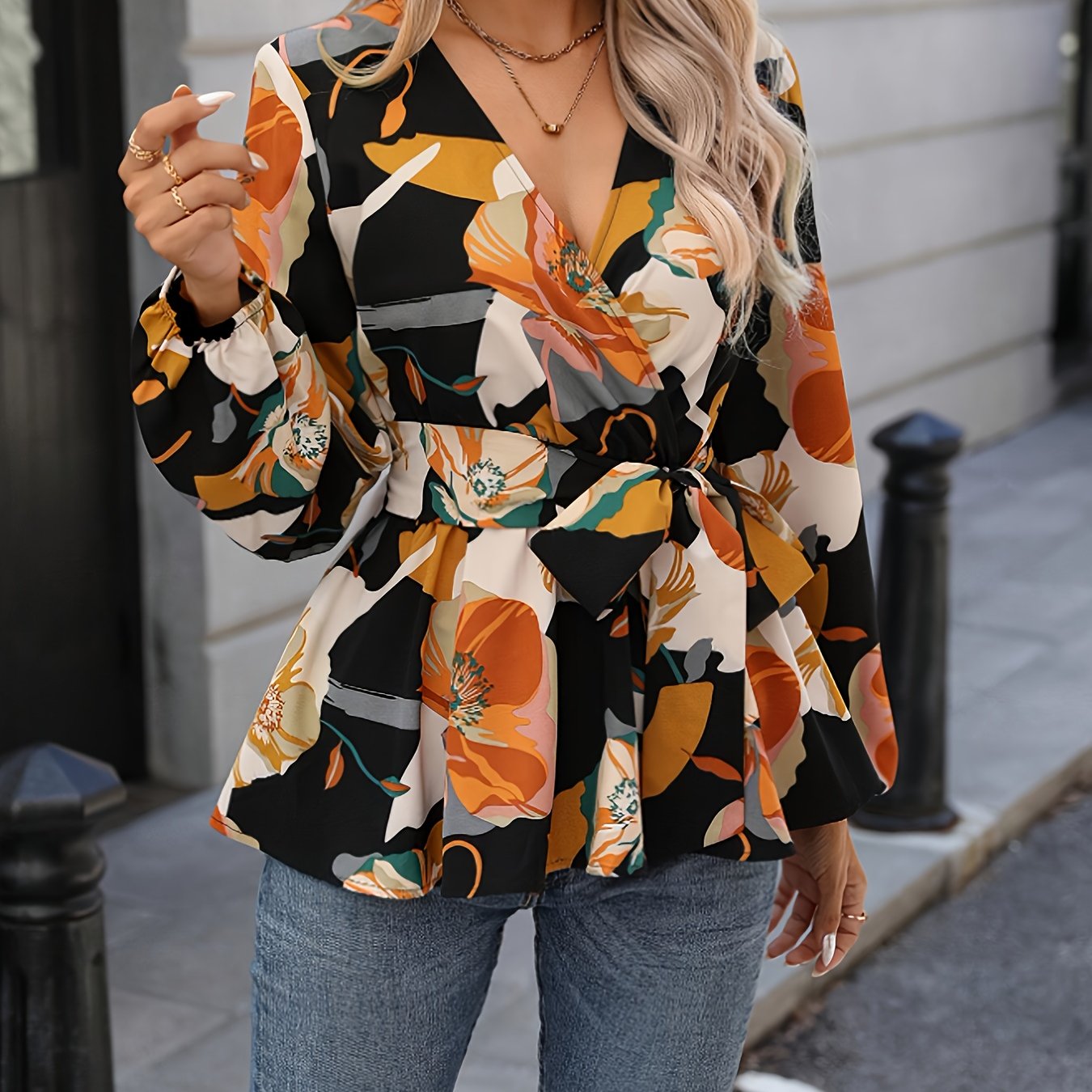 Floral Print Surplice Neck Blouse, Elegant Tie Waist Lantern Sleeve Blouse For Spring & Fall, Women's Clothing