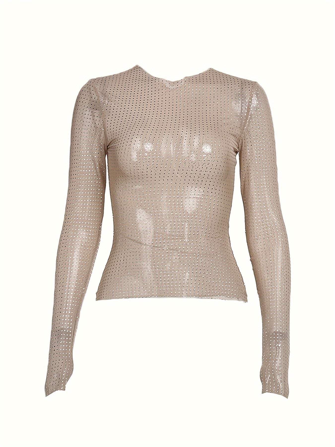 Women'S Sexy Semi-Sheer Mesh Long Sleeve T-Shirt - High Elasticity Slim Fit Round Neck Top, Breathable Stretchy Blouse For Spring Summer Fall, Machine Washable Versatile Casual & Dressy Outfits, Ladies T Shirts, Seasonal Fash