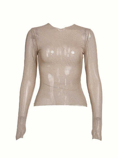 Women'S Sexy Semi-Sheer Mesh Long Sleeve T-Shirt - High Elasticity Slim Fit Round Neck Top, Breathable Stretchy Blouse For Spring Summer Fall, Machine Washable Versatile Casual & Dressy Outfits, Ladies T Shirts, Seasonal Fash
